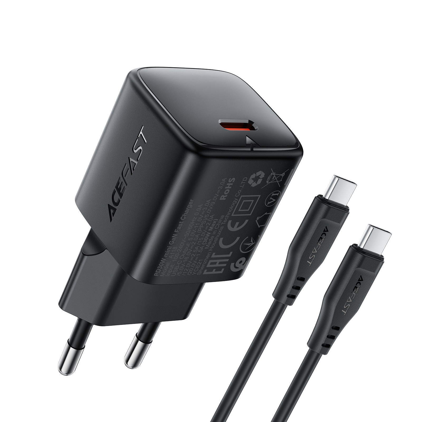 Įkroviklis Acefast A118 30W GaN USB-C + USB-C į USB-C laidas 1.2m juodas