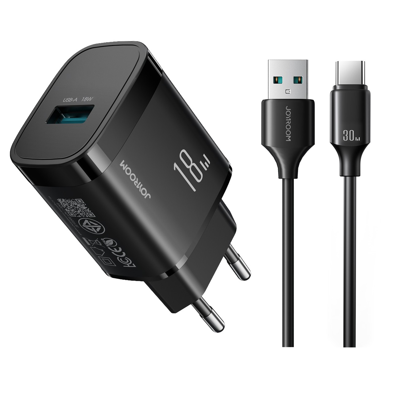 Įkroviklis Joyroom JR-TF4 18W USB-A + USB-A to USB-C cable 1.0m juodas
