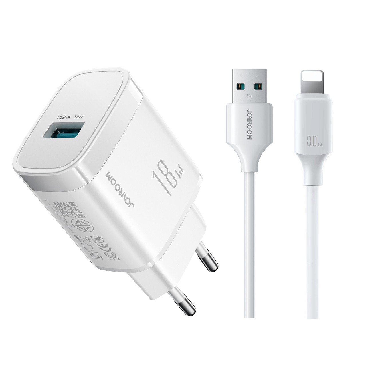 Įkroviklis Joyroom JR-TF4 18W USB-A + USB-A į Lightning Laidas 1.0m baltas
