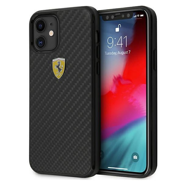Ferrari FERCAHCP12SBK iPhone 12 mini 5.4" juodas/juodas kietas dėklas On Track Real Carbon