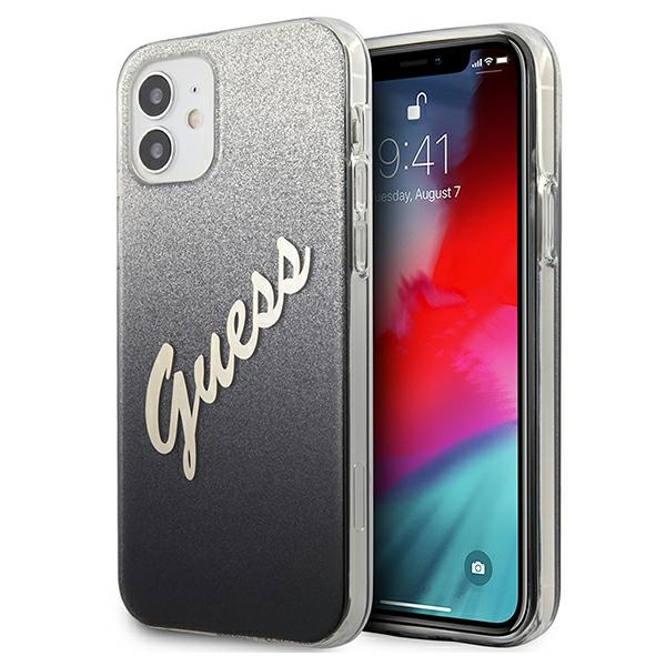 Guess GUHCP12SPCUGLSBK iPhone 12 mini 5.4" juodas/juodas kietas dėklas Glitter Gradient Script