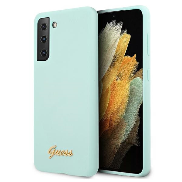 Guess GUHCS21MLSLMGLB S21+ G996 mėlynas kietas dėklas Silikoninis Užrašas Metalinis Logotipas