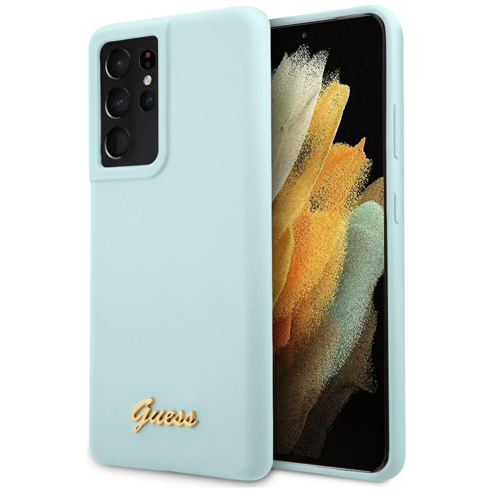 Dėklas telefonui Guess GUHCS21LLSLMGLB S21 Ultra G998 mėlynas/mėlynas kietasis dėklas Silikon Script Metal Logo