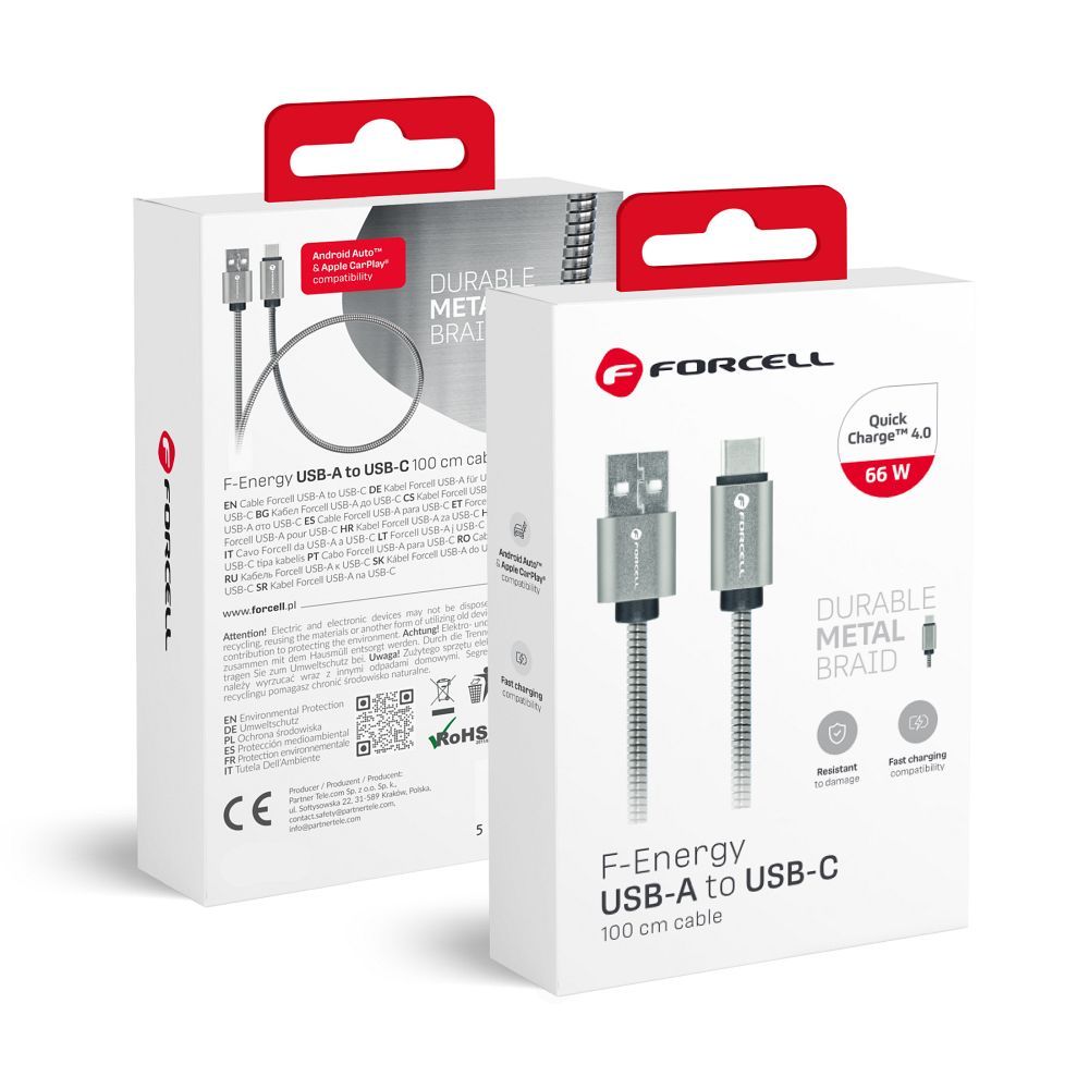 Кабель USB A to USB C Forcell F-Energy QC3.0 66W Metal 1 m C234 серебряный