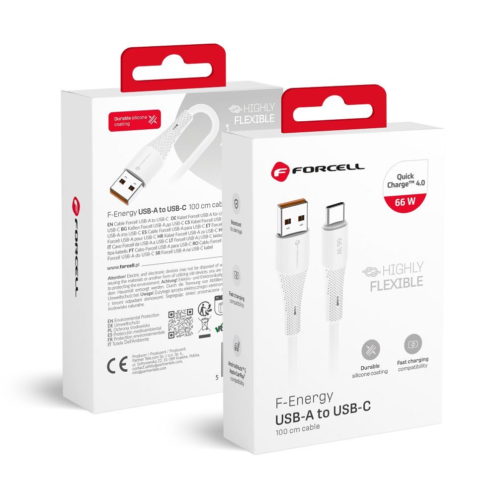 Кабель USB A to USB C Forcell F-Energy QC4.0 3A 66W Silicone 1 m C342 белый