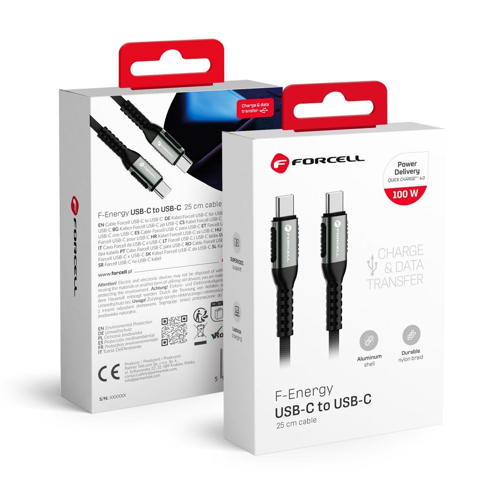 Кабель USB C to USB C Forcell F-Energy QC4.0 PD 5A 100W Cafule 0,25 m C260 чёрный