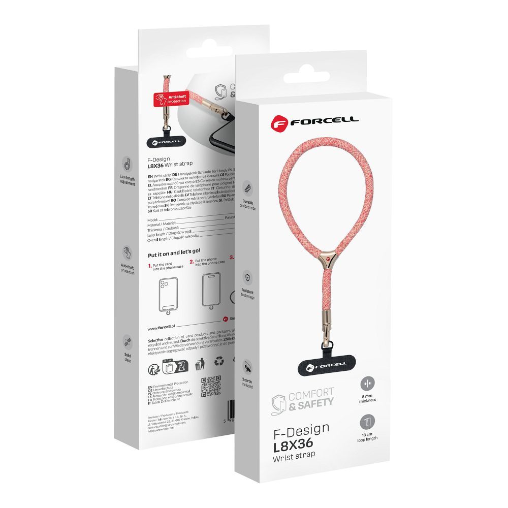 Forcell F-Design L8X36 шнурок на запястье для телефона регулируемой длины (макс. 18см в петле) розово-белый