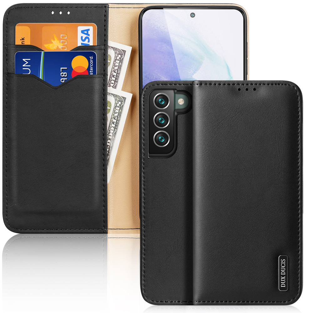 Dux Ducis Hivo odinis atverčiamas dėklas natūralios odos piniginė kortelėms ir dokumentams Samsung Galaxy S22 + (S22 Plus) juodas