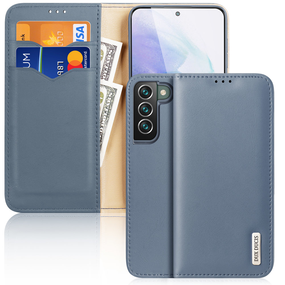 Dux Ducis Hivo odinis atverčiamas dėklas natūralios odos piniginė kortelėms ir dokumentams Samsung Galaxy S22 + (S22 Plus) mėlynas