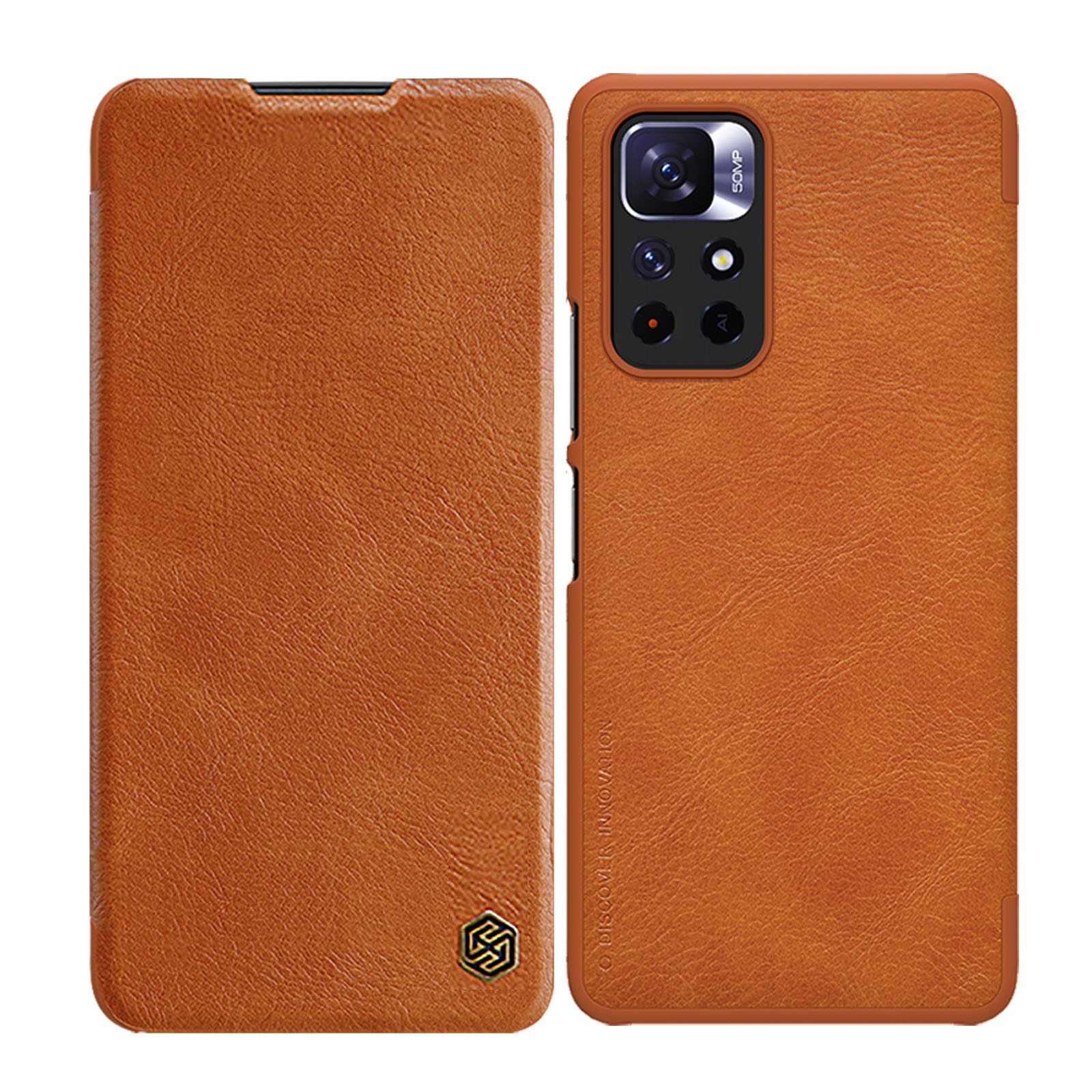 Nillkin Qin dėklas Xiaomi Redmi Note 11T 5G / Note 11S 5G / Note 11 5G (Kinija) / Poco M4 Pro 5G kameros dangtelis dėklas atverčiamas dėklas rudas