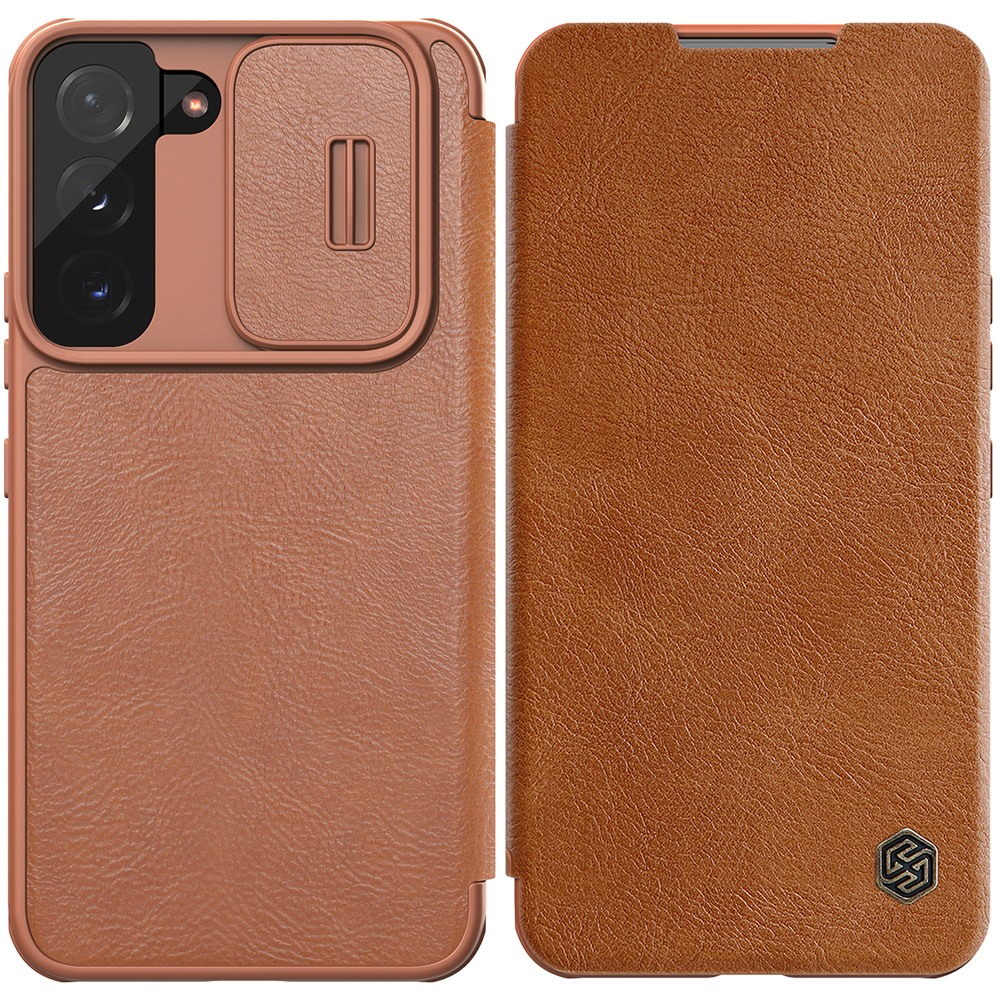 Nillkin Qin odinis Pro dėklas telefonui Samsung Galaxy S22+ (S22 Plus) apsauginis kameros dėklas su stovu rudas