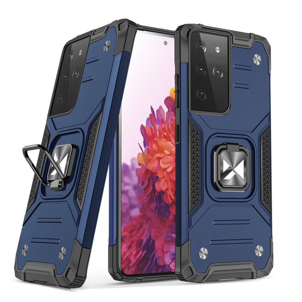 Wozinsky Ring Armor tvirtas hibridinis dėklas + magnetinis laikiklis skirtas Samsung Galaxy S22 Ultra – mėlynas
