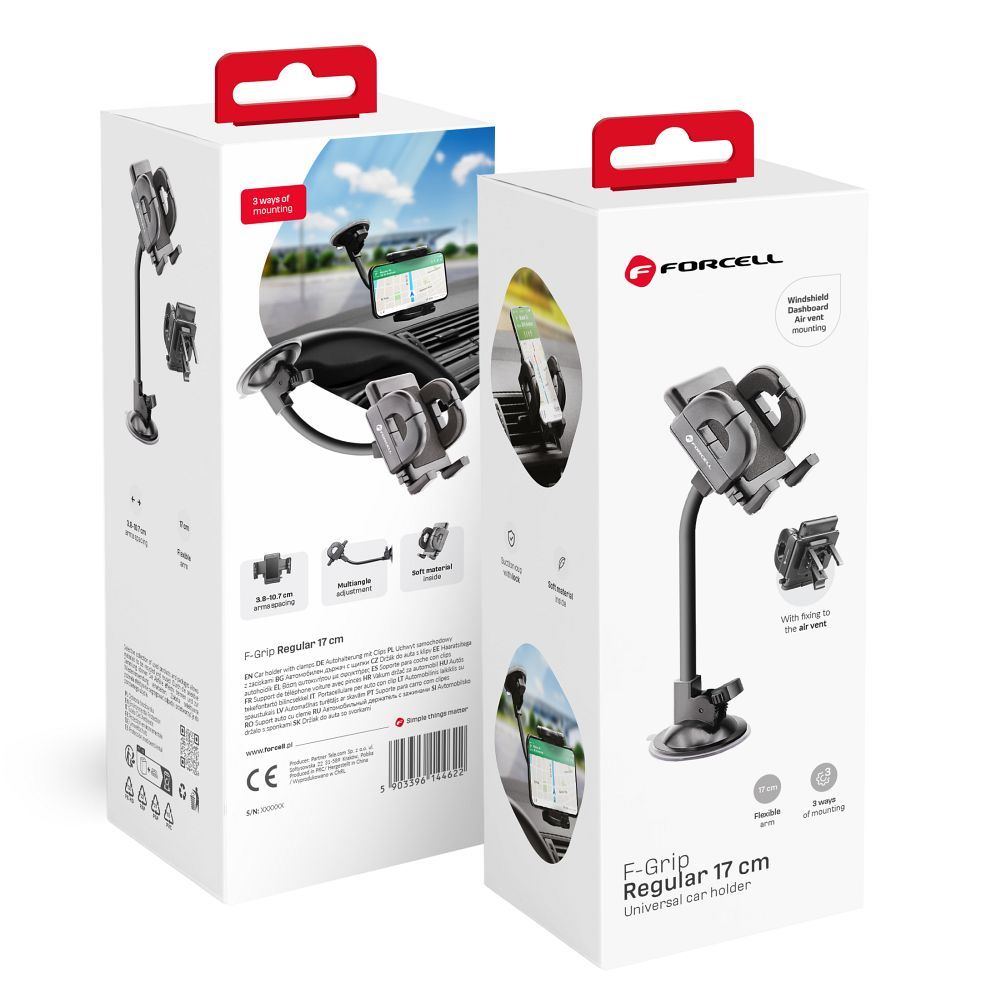 Automobilinis universalus telefono laikiklis Forcell (17cm) Long arm tvirtinamas ant stiklo, juodas