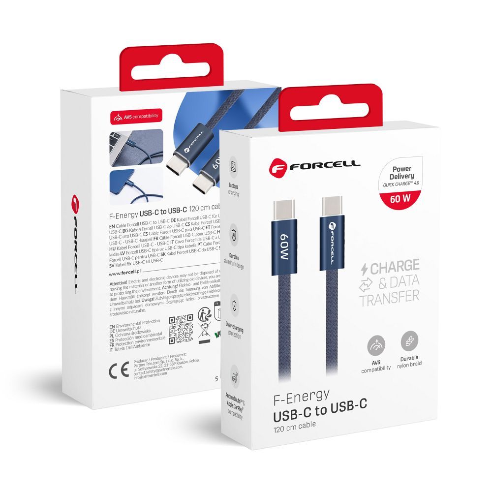 Кабель USB-C — USB-C Forcell F-Energy QC4.0 PD 3A 60W Cafule Color 1,2 м ACYH23 тёмно-синий