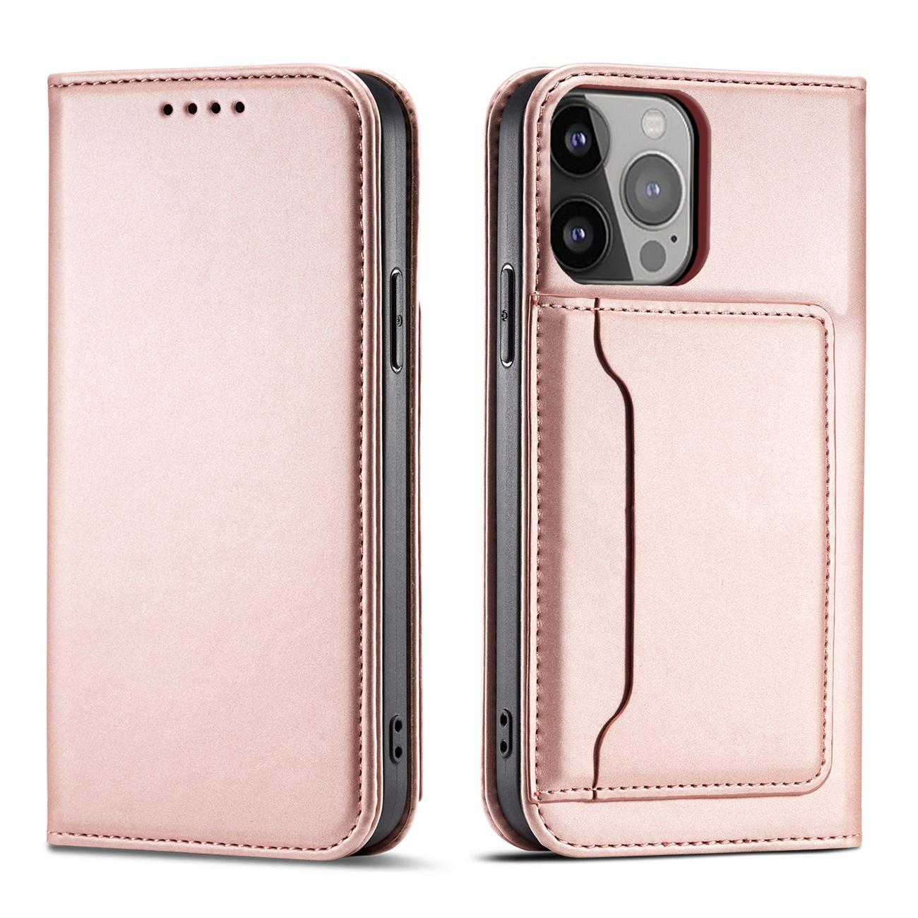 Magnetinis kortelių dėklas telefonui iPhone 13 Pro Max su kortelių laikikliu, rožinis