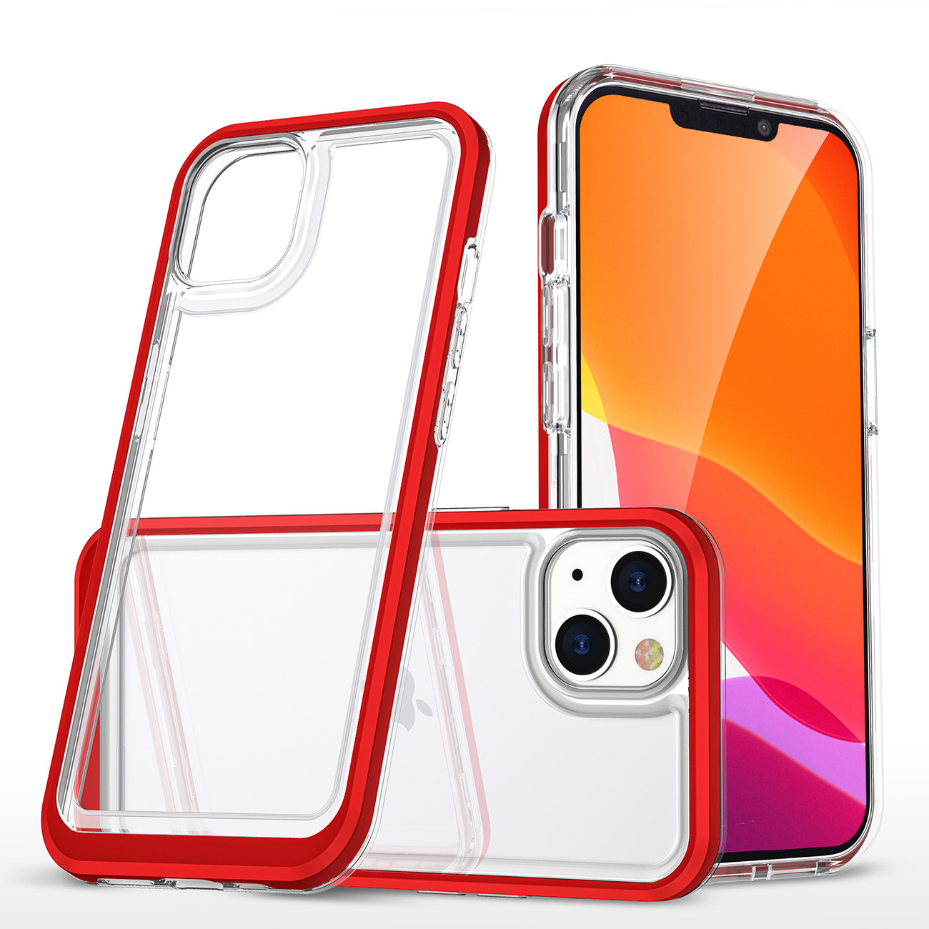 Skaidrus 3in1 dėklas iPhone 14 Plus silikoninis dangtelis su rėmeliu raudonas