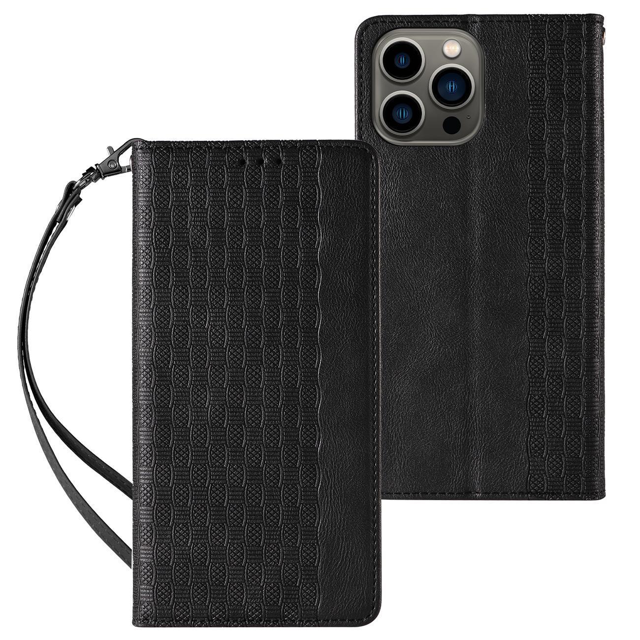 Magnetinis dirželio dėklas telefonui iPhone 14 Pro Max su atverčiamu dangteliu, mini pinigine, stovu ir dirželiu, juoda