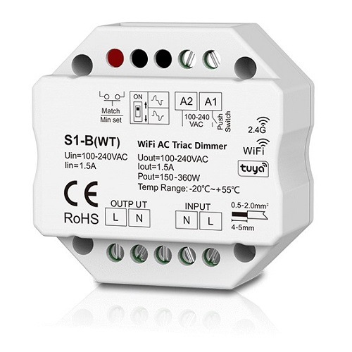 S1-B(WT) AC Triac Dimmer, Push-Dimm, Tuya, Wi-Fi
