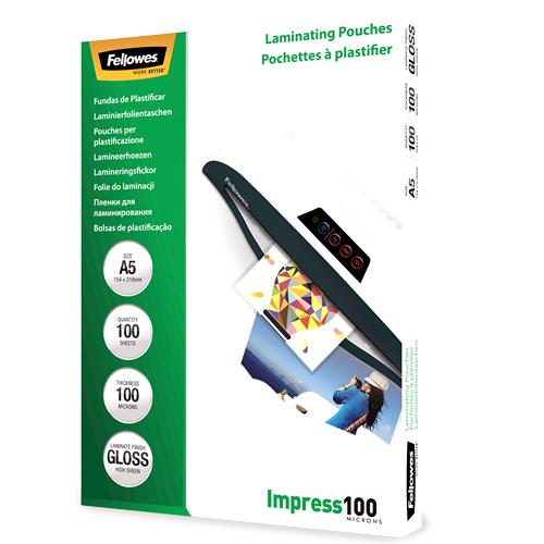 Fellowes blizgūs laminavimo vokeliai A5 100mic 100vnt