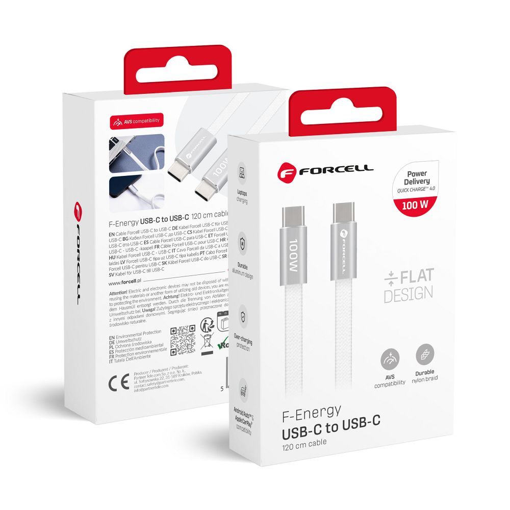 Кабель USB-C — USB-C Forcell F-Energy QC4.0 PD 5A 100W Cafule Flat 1,2 м CCFN23 белый