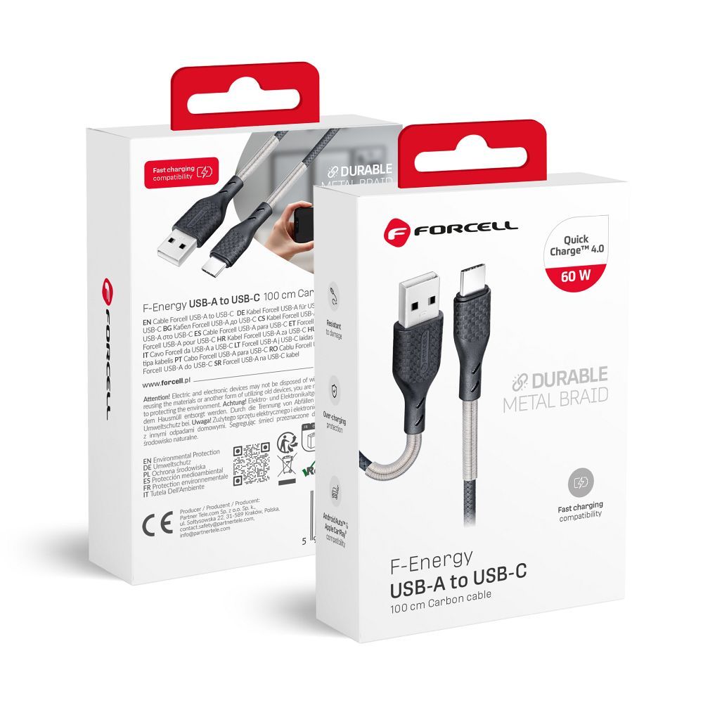 Кабель USB A to USB C Forcell F-Energy QC4.0 5A 60W Carbon 1 m CB-02A чёрный