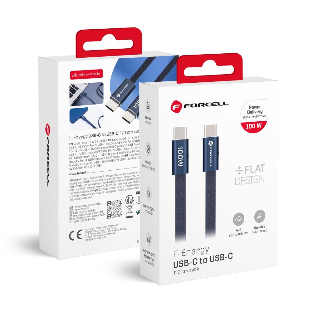Кабель USB-C — USB-C Forcell F-Energy QC4.0 PD 5A 100W Cafule Flat 1,2 м CCFN23 тёмно-синий