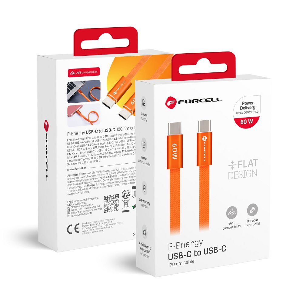 Кабель USB-C — USB-C Forcell F-Energy QC4.0 PD 3A 60W Cafule Flat 1,2 м CCFN23 оранжевый