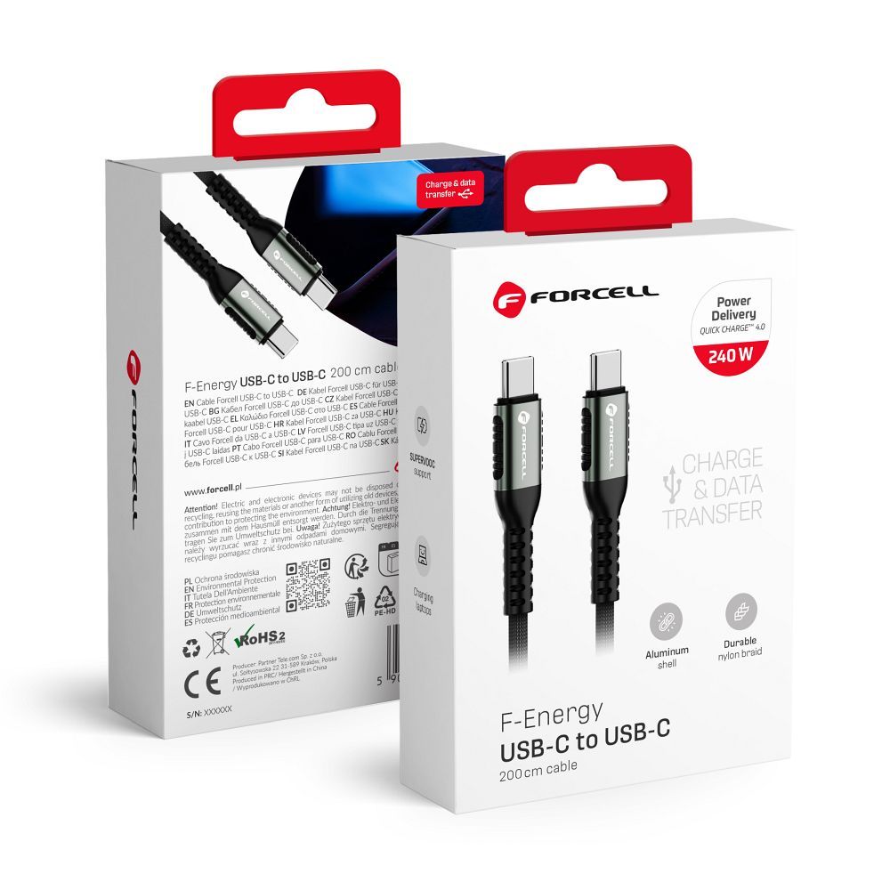 Кабель USB C to USB C Forcell F-Energy QC4.0 PD 5A 240W Cafule 2 m C263 чёрный
