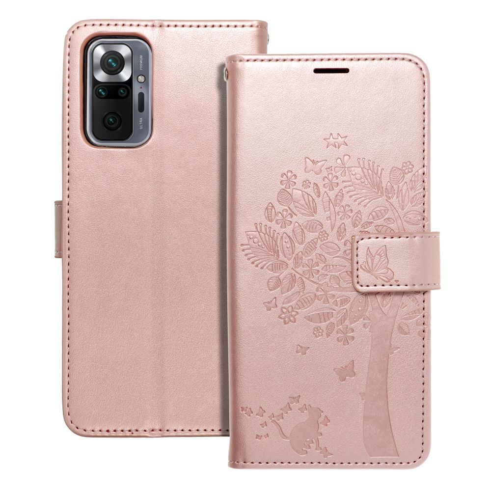 MEZZO knygos tipo dėklas telefonui XIAOMI Redmi Note 10 Pro su medžiu, rožinio aukso spalvos