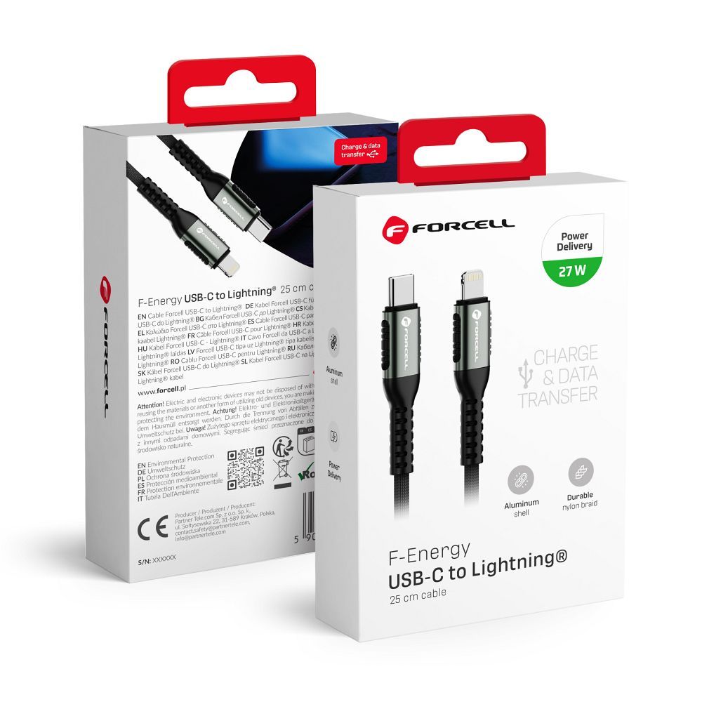 FORCELL F-ENERGY C259 kabelis Type C į Lightning PD 3A 27W Cafule 0,25 m juodas