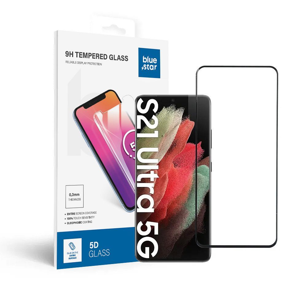 Закаленное стекло для Samsung Galaxy S21 ULTRA (полное приклеивание / совместимо с чехлом) Blue Star 5D черное