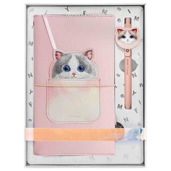 NIMMY rinkinys 2in1 užrašų knygelė + rašiklis BIG EYED PET 2.0 Katė rožinė