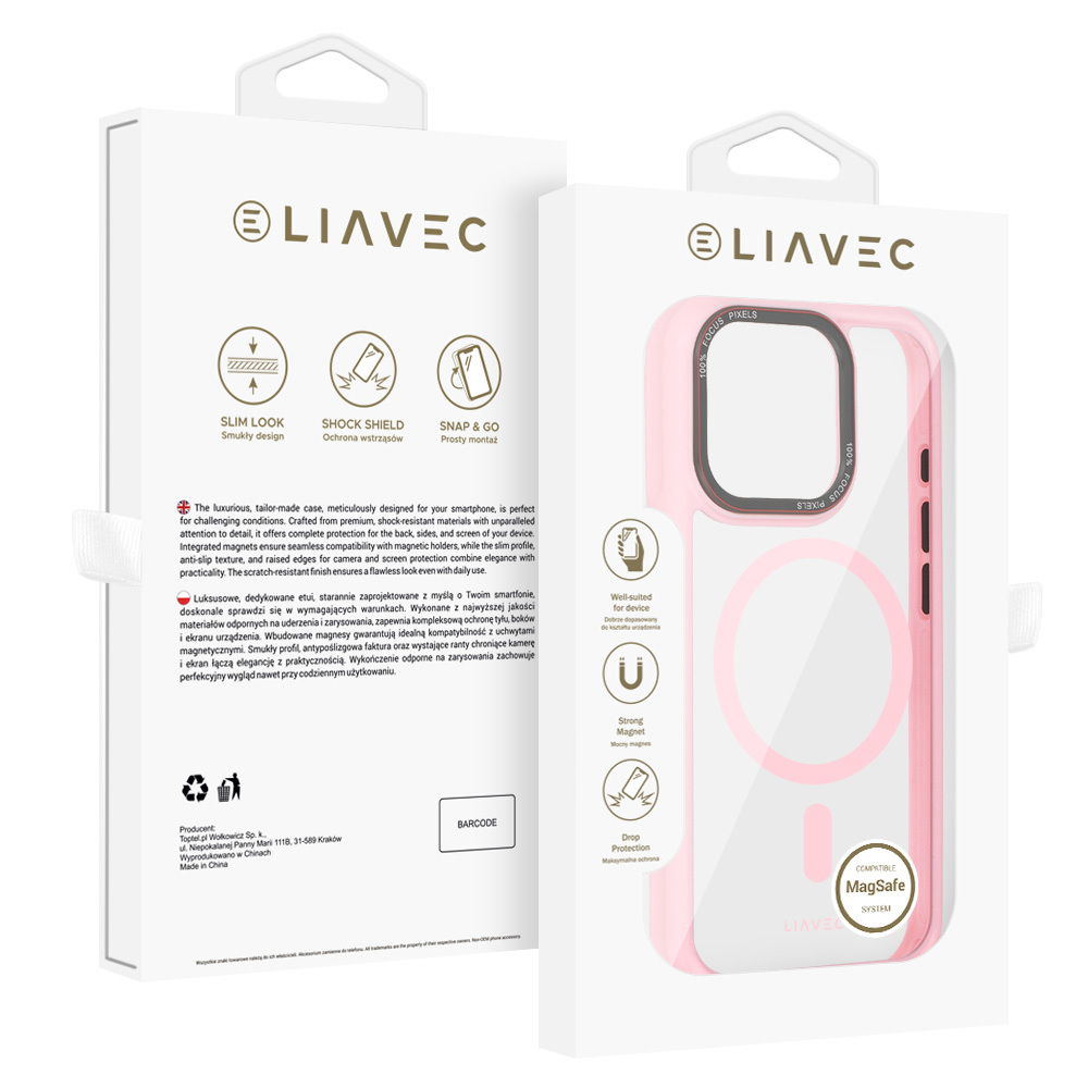 Liavec Hibridinis magnetinis skaidrus dėklas iPhone 15 Pro Max šviesiai rožinis