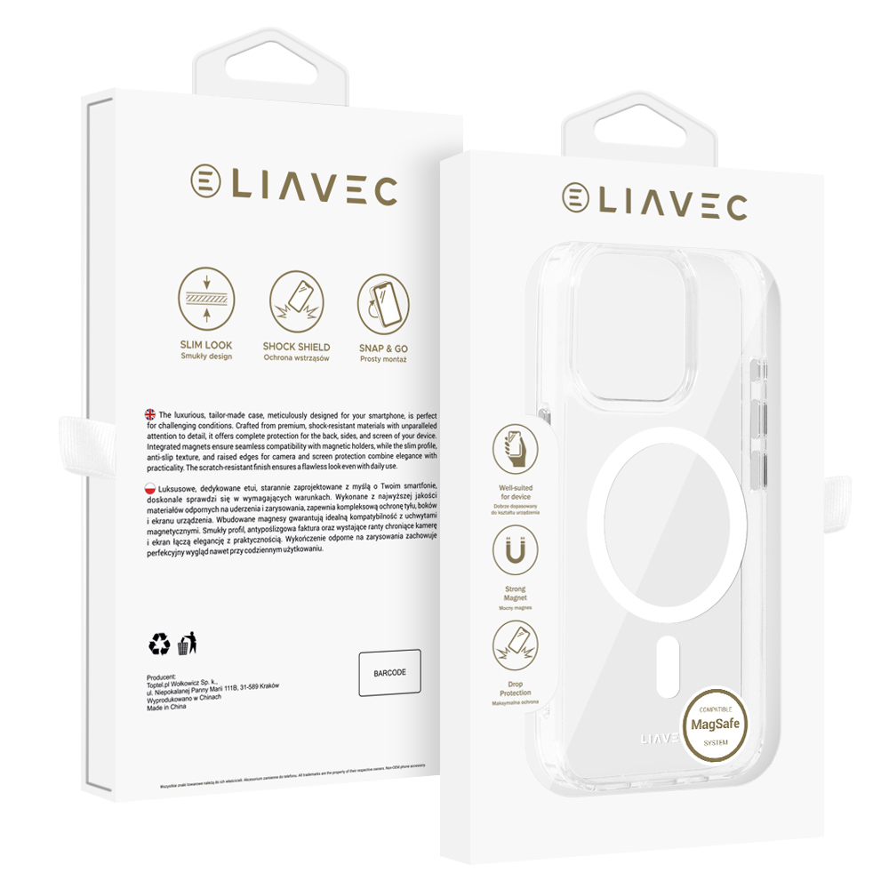 Liavec Blizgus Magnetinis Skaidrus dėklas telefonui Iphone 15 Pro Max balta