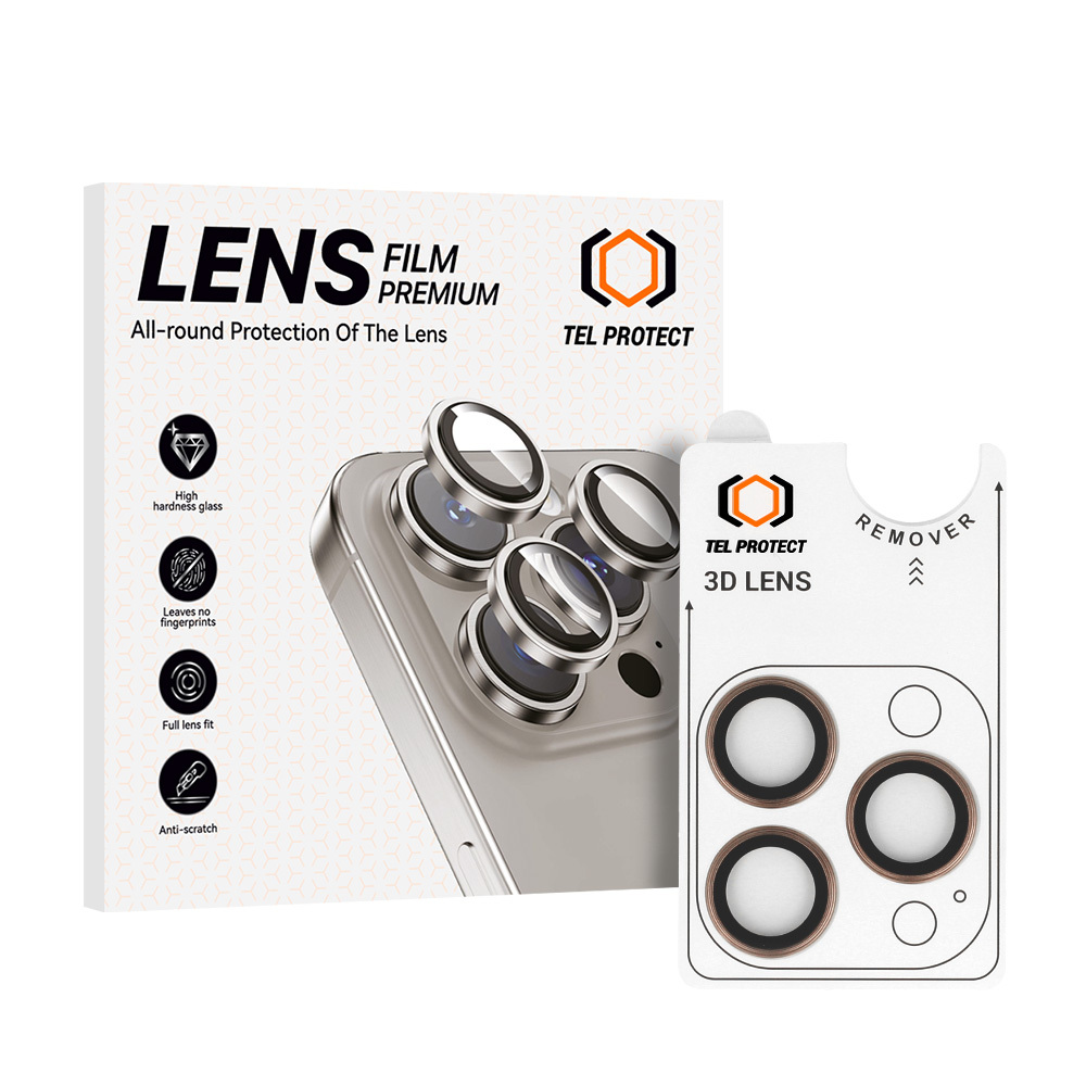 Grūdintas stiklas Tel Protect 3D objektyvo apsaugai ant kameros iPhone 15 Pro/15 Pro Max titano spalva (lęšiai 3 vnt.)