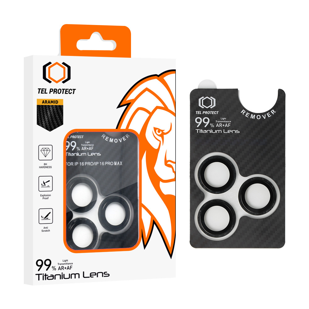 Grūdintas stiklas Tel Protect Titanium objektyvo 99% AR Aramid serija kamerai Iphone 15 Pro/15 Pro Max (3 vnt.)
