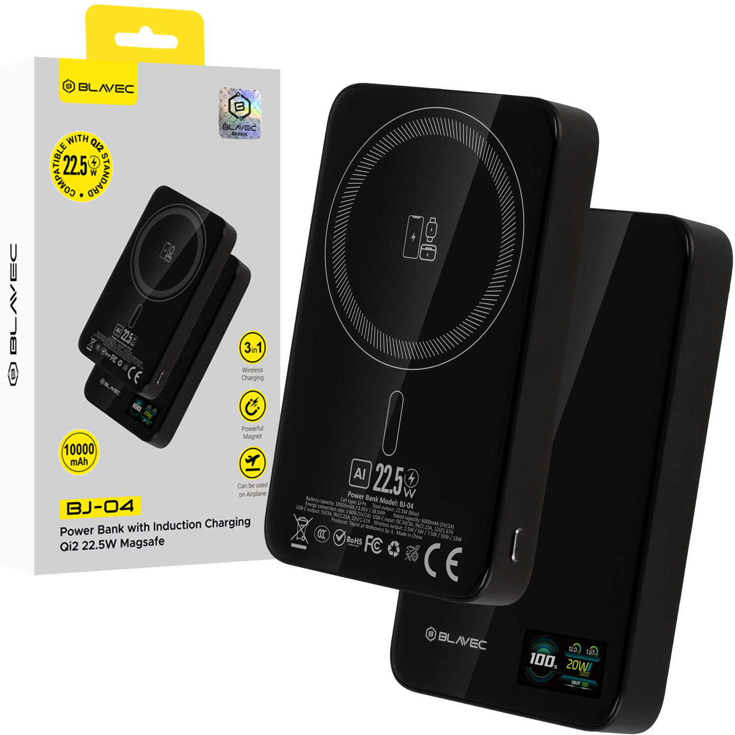 Blavec BJ-04 Slim 10000mAh 22,5W magnetinė su MagSafe suderinama 3 in 1 išorinė baterija, juodas stiklas (PBBJ04-MC10B)