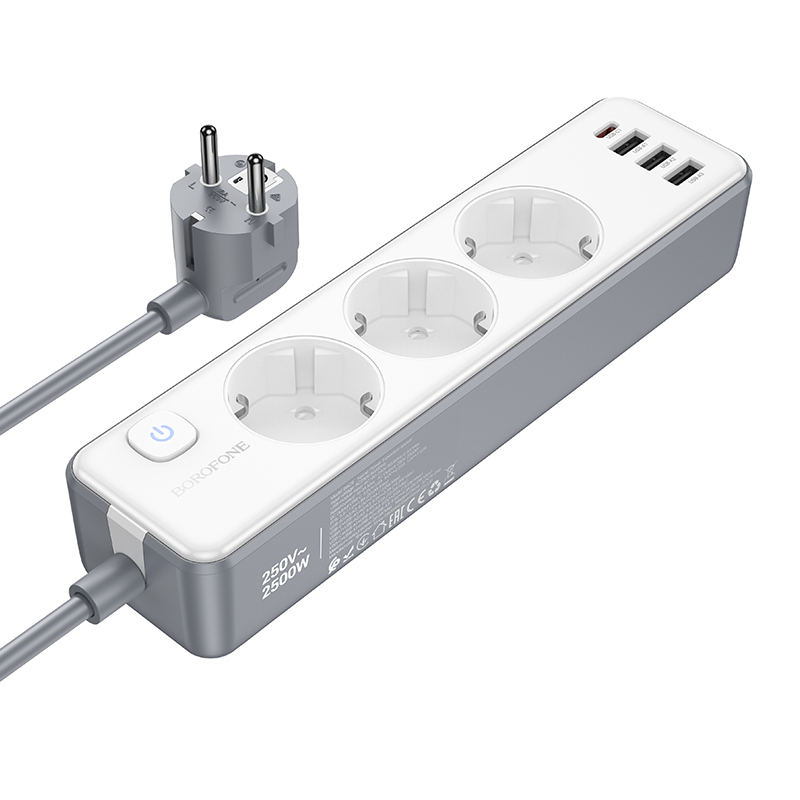 Borofone Удлинитель BAC9 — 3 розетки 240V + 3xUSB + Type C PD 20W, 2 метра — чёрный