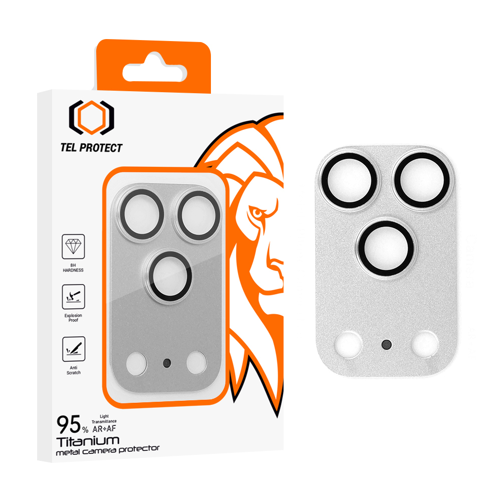 Tempered stiklas Tel Protect 95% AR+AF Full Metal kameros apsauga on camera for Iphone 17 Pro sidabrinis (camera island)