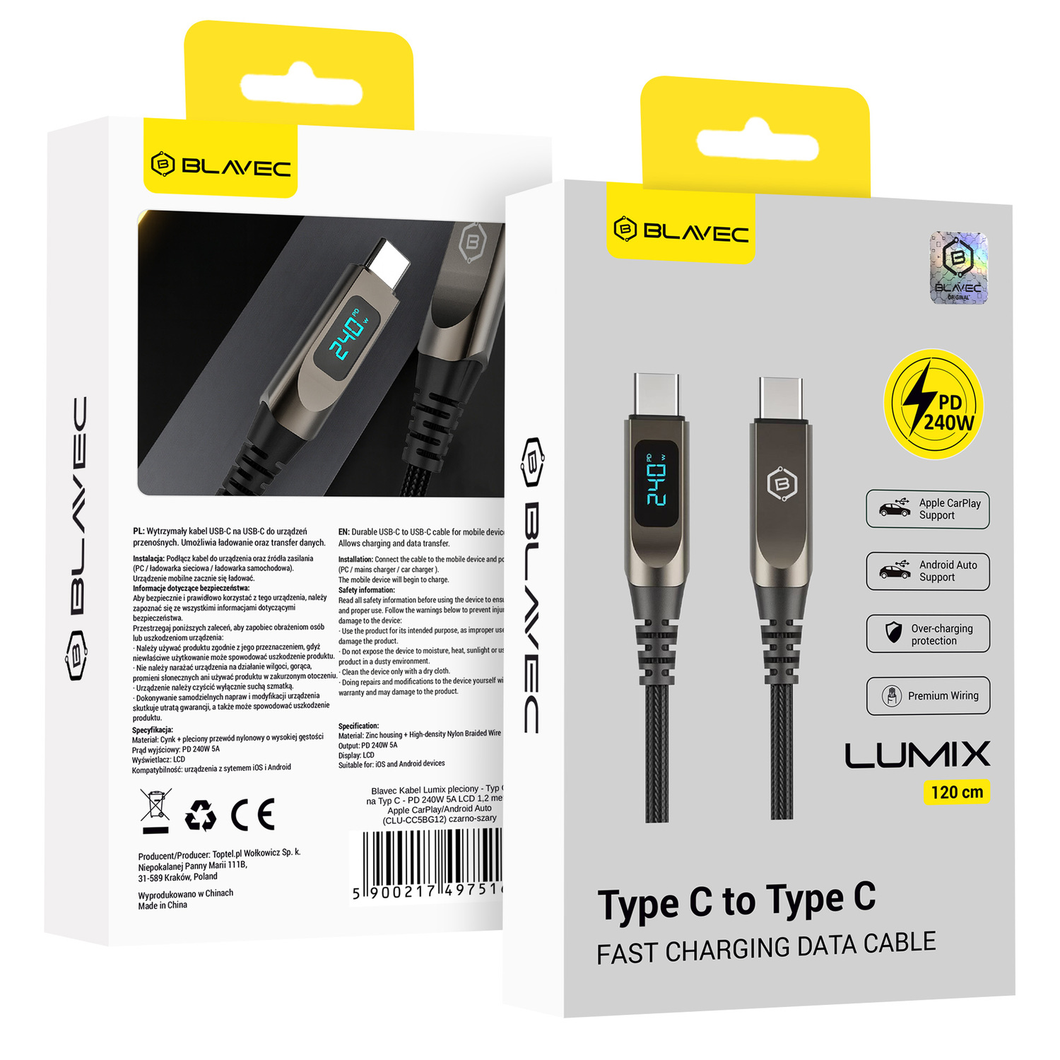 Blavec Lumix плетёный Кабель USB-C на USB-C PD 240 Вт 5A LED дисплей 1,2 м Apple CarPlay Android Auto (CLU-CC5BG12) чёрно-серый
