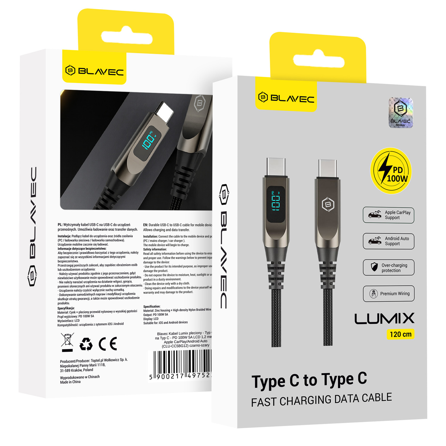 Blavec Lumix плетёный Кабель USB-C на USB-C PD 100 Вт 5A LED дисплей 1,2 м Apple CarPlay Android Auto (CLU-CC5BG12) чёрно-серый