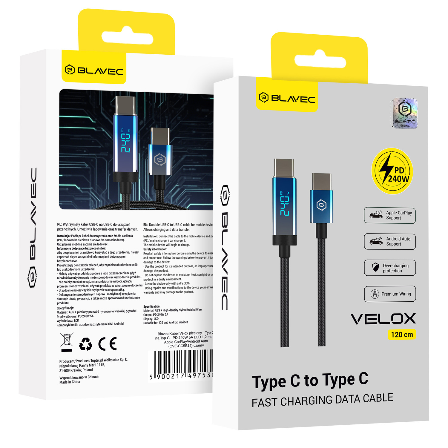 Blavec Laidas Velox pintas - Typ C na Typ C - PD 240W 5A LED display 1,2 metra Apple CarPlay/Android Auto (CVE-CC5B12) juodas