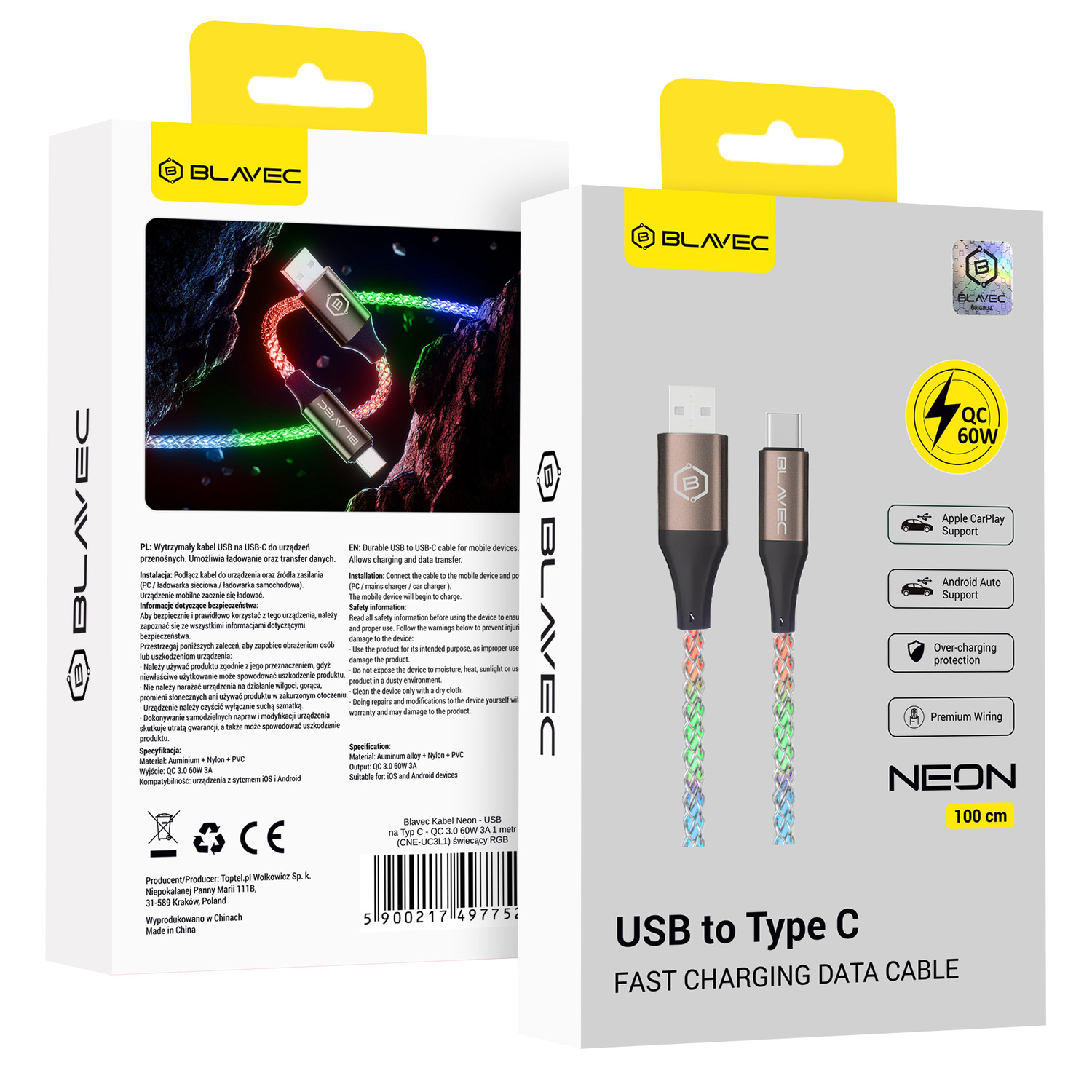 Blavec Кабель Neon USB на Type-C QC 3.0 60W 3A 1м Apple CarPlay Android Auto (CNE-UC3L1) светящийся RGB