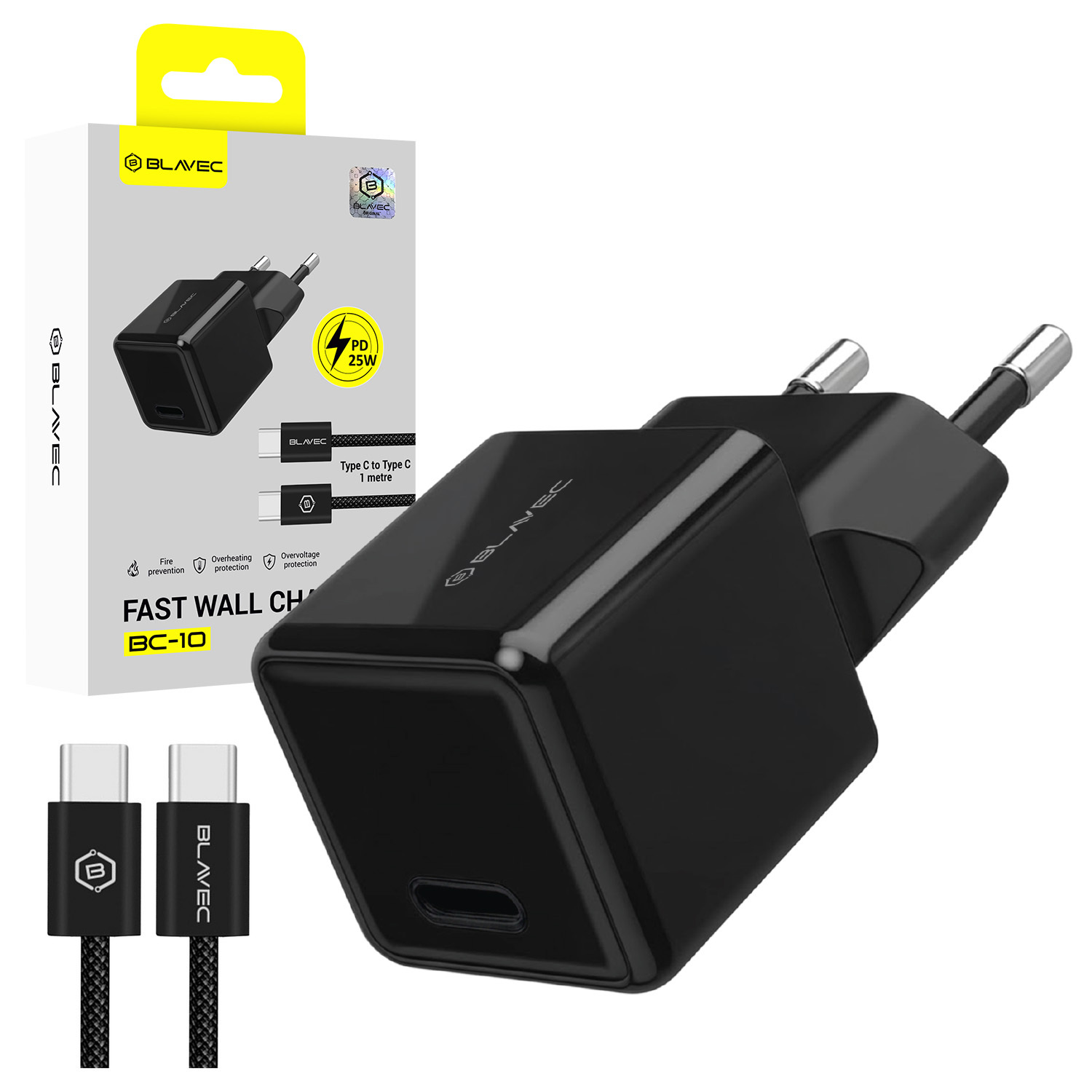 Blavec BC-10 tinklo įkroviklis Type C PD 25W 3A su Type C - Type C laidu juodas