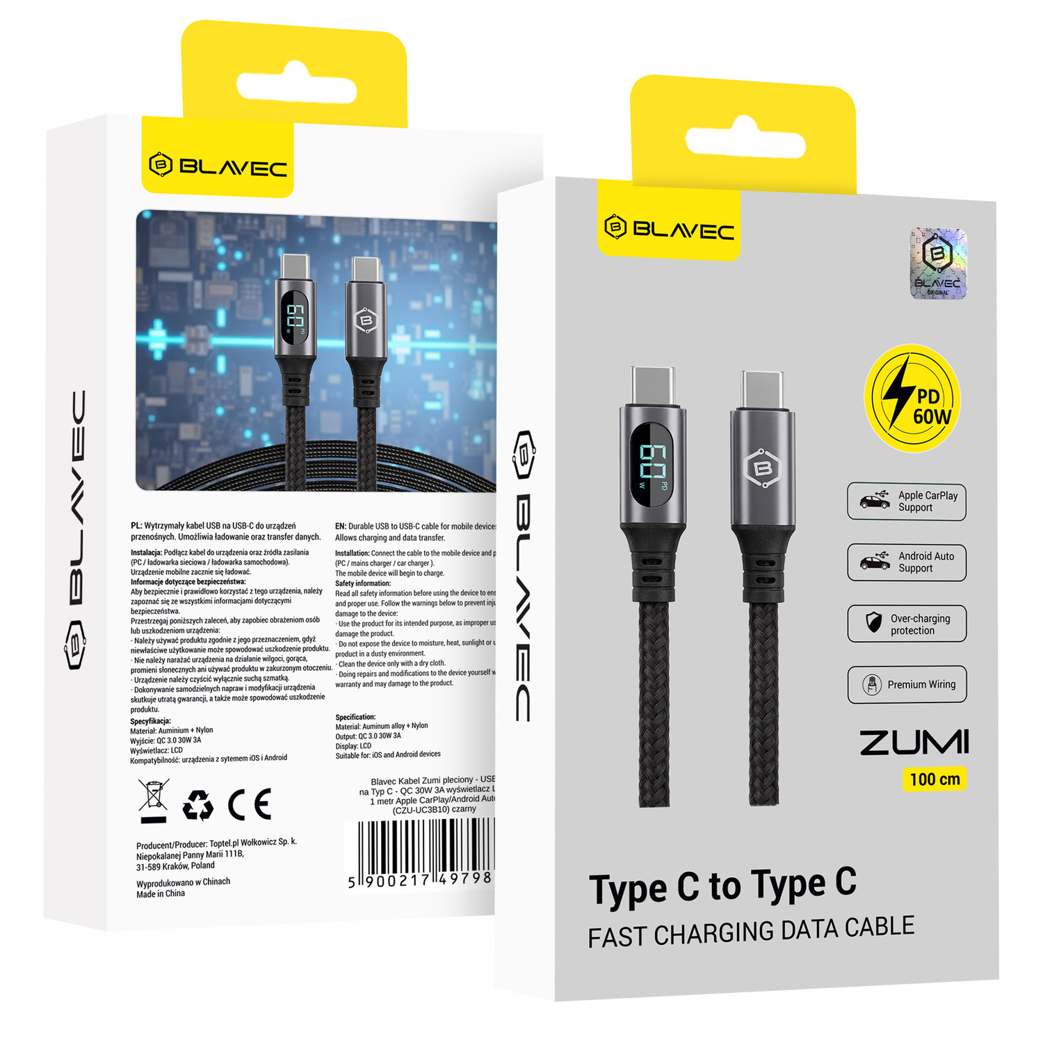Кабель Blavec Zumi плетёный Type C — Type C PD 60W 3A LCD дисплей 1 м Apple CarPlay/Android Auto (CZU-CC3B10) чёрный