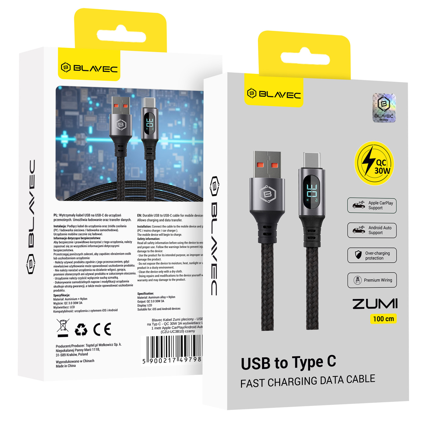 Кабель Blavec Zumi плетёный USB — Type C QC 30W 3A LCD дисплей 1 м Apple CarPlay/Android Auto (CZU-UC3B10) чёрный