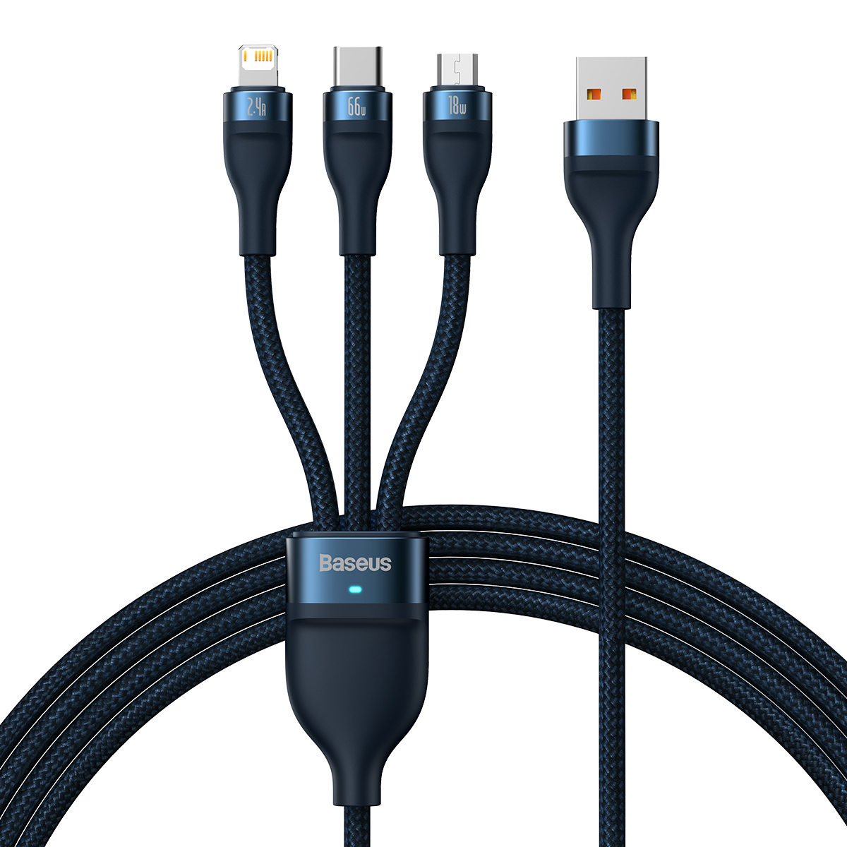 Baseus kabelis Flash Series II 3 in 1 - USB į Type C, Lightning, Micro USB - 66W 6A 1,2 metro (CASS040003) mėlynas