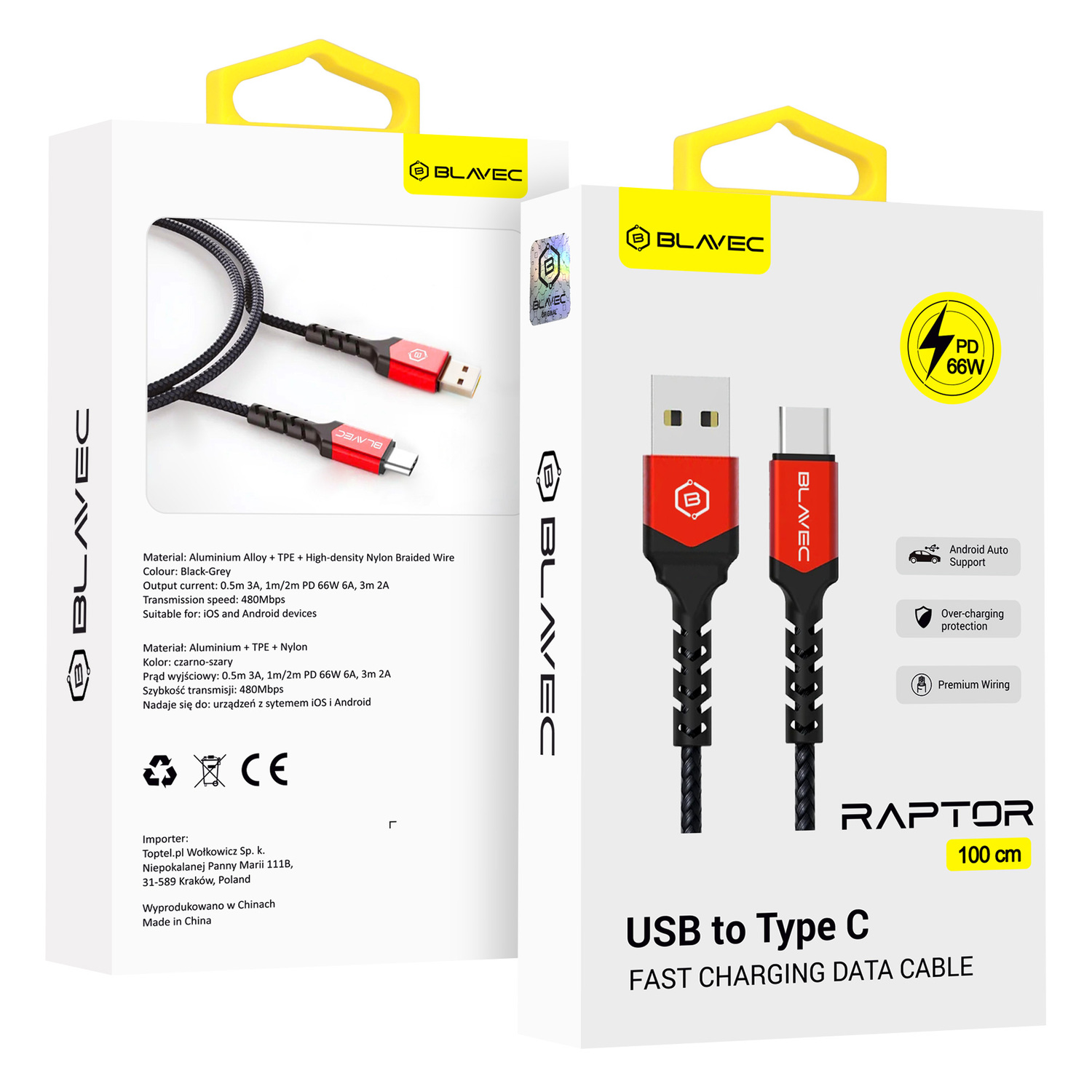 Blavec Кабель Raptor плетёный - USB to Type C - PD 66W 6A 1 метр Apple CarPlay/Android Auto (CRA-UC6BR10) чёрно-красный