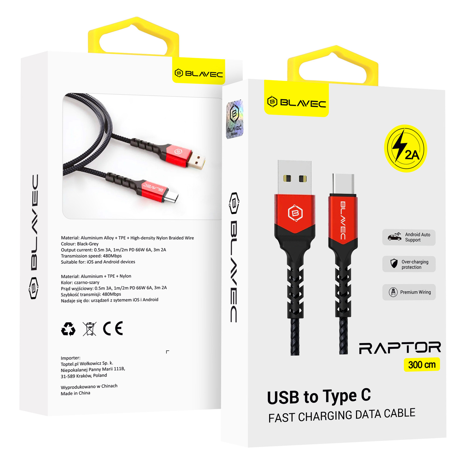 Blavec Cable Raptor плетеный - USB на Type C - 2A 3 метра Apple CarPlay/Android Auto (CRA-UC2BR30) черный-красный