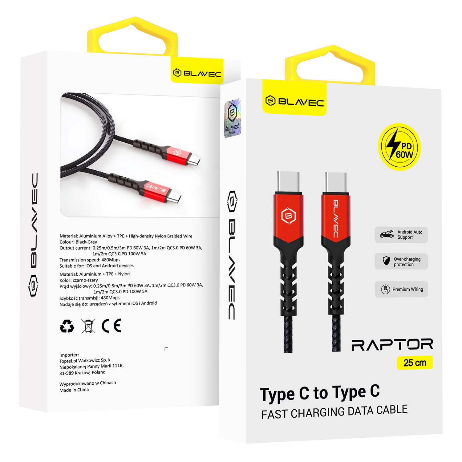 Blavec Кабель Raptor плетёный - Type C to Type C - PD 60W 3A 0,25 метра Apple CarPlay/Android Auto (CRA-CC3BR025) чёрно-красный